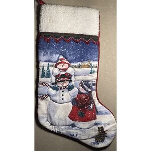 Vintage Snowmen Christmas Stocking 19" Puffy Quilted Cat Tassel